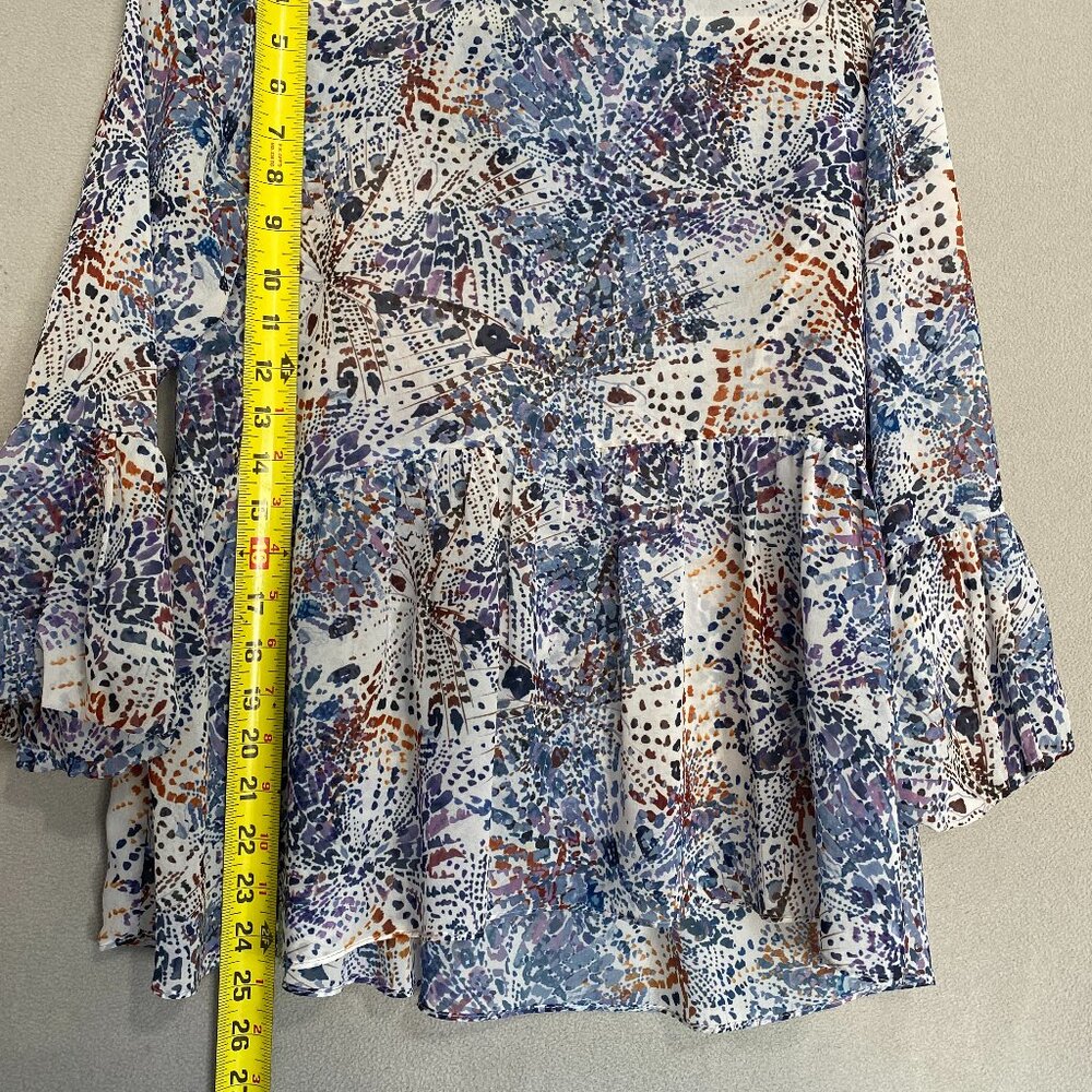 Waverly Grey Abstract Print Peplum Blouse Small Boho Flowy Bell Sleeve Top - Picture 2 of 6